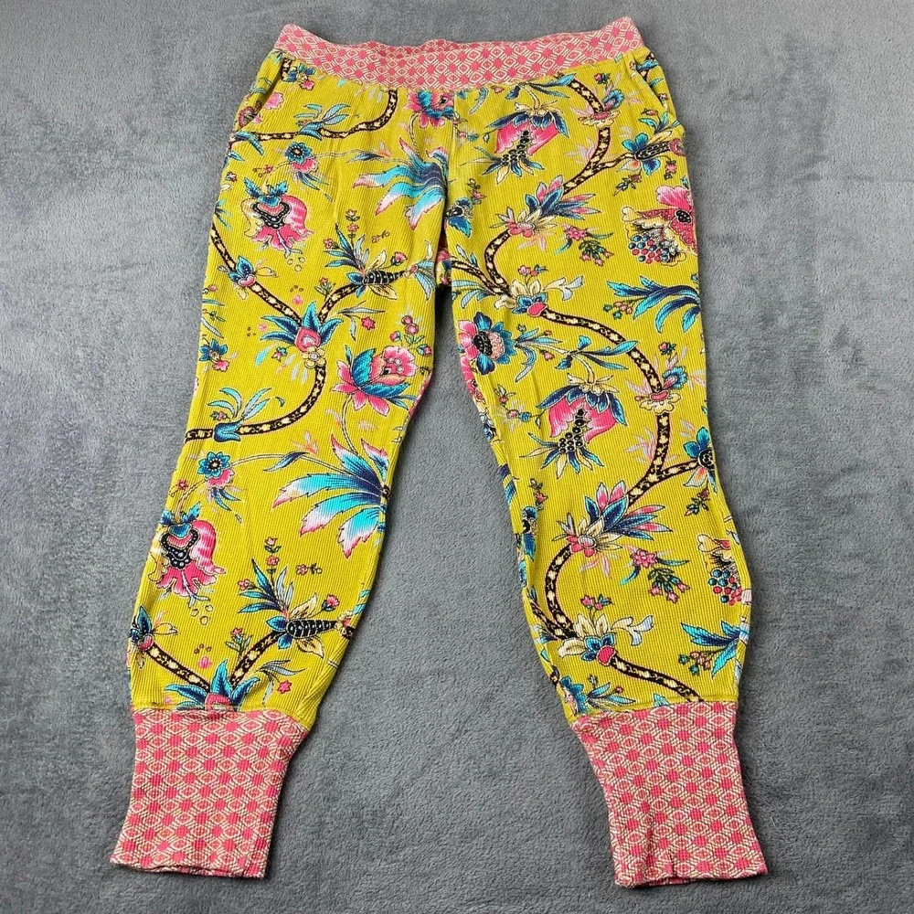 Sundance Women Large Pajama Set Yellow Floral Waffle Knit Cotton Henley Joggers
